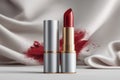 Elegant red lipstick with luxurious silver and gold packaging on silk background Royalty Free Stock Photo