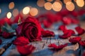 Elegant red rose on a rustic wooden surface with soft glowing lights in the background Royalty Free Stock Photo