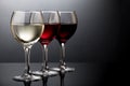 Elegant red, rose and white wine glasses in a black background Royalty Free Stock Photo