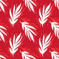 Elegant red seamless pattern with white hand-drawn leaves, branches and spray paint dots Royalty Free Stock Photo
