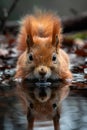 Elegant  red squirrel drinking water from pond in forest, with reflection on the surface of water Royalty Free Stock Photo