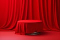 Elegant Red Stage with Draped Curtains and Round Table Royalty Free Stock Photo