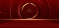 Elegant red stage with gold diagonal glowing lighting effect and sparkle. Template premium award design