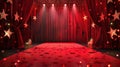 Elegant Red Stage with Velvet Curtains Ready for Performance. A Festive Atmosphere with Star Decorations and Spotlight Royalty Free Stock Photo