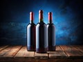Elegant Red Wine Bottle Mockup on Dark Wood Table Blank White Labels Against a Deep Blue Background for