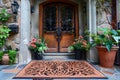 Elegant Residential Entrance with Ornate Wooden Door and Decorative Welcome Mat Surrounded by Potted Plants Royalty Free Stock Photo