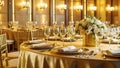 An elegant restaurant for corporate events with exquisite table settings and ambient lighting, Royalty Free Stock Photo