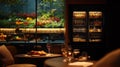Elegant restaurant interior with dining table, drinks, and a vertical garden Royalty Free Stock Photo