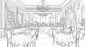 Elegant Restaurant Interior Sketch with Tables and Bar - Black and White Line Art Royalty Free Stock Photo