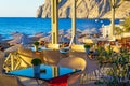 Elegant restaurant overlooking Kamari beach Santorini island Greece Royalty Free Stock Photo