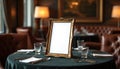Elegant restaurant table set with ornate blank frame for menu display. Leather chairs and soft lighting create a luxurious Royalty Free Stock Photo