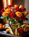 Elegant rich large bouquet of magnificent roses of different colors.