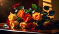 Elegant rich large bouquet of magnificent roses of different colors.