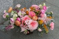 Pink designer bouquet of florist with different flowers, peony and roses Royalty Free Stock Photo