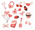 Elegant Romantic Collection for Valentines Day. Cupcake, Heart-shaped Balloons, Champagne and Wineglasses