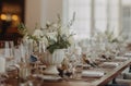 Elegant, romantic table setting for indoor wedding reception. Luxury wedding table decoration, special event table set Royalty Free Stock Photo