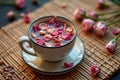 Elegant rose petal tea in white cup on bamboo mat with pink flowers Royalty Free Stock Photo
