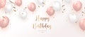 Elegant rose pink ballon and golden ribbon Happy Birthday celebration card banner template background