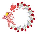 Elegant round frame with Cupid, red roses and hearts. Raster clip art.