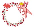 Elegant round frame with Cupid, red roses and hearts. Raster clip art.