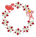 Elegant round frame with Cupid, red roses and hearts. Raster clip art.