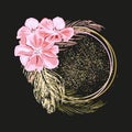 Elegant round frame with cute pink flowers and golden palm leaves. Royalty Free Stock Photo