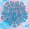 Elegant round lacy doily on watercolor background.