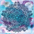 Elegant round lacy doily on watercolor background. Royalty Free Stock Photo