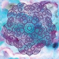 Elegant round lacy doily on watercolor background. Royalty Free Stock Photo