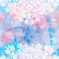 Elegant round lacy doily on watercolor background.