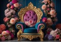 Elegant royal armchair adorned with surreal flowers, creating a luxurious and whimsical atmosphere. Perfect for adding a touch of