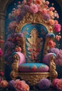 Elegant royal armchair adorned with surreal flowers, creating a luxurious and whimsical atmosphere. Perfect for adding a touch of