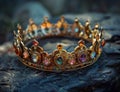 Elegant royal crown adorned with colorful gemstones on a textured surface