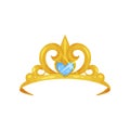 Elegant royal crown decorated with big blue gemstone in shape of heart. Princess tiara with precious stone. Woman s head