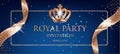 Elegant Royal party invitation card with beige sparkling ribbons and crown.