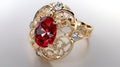 Elegant ruby gold ring, diamonds, white background, jewelry design Royalty Free Stock Photo