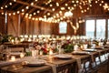 Elegant Rustic Wedding Reception Table Setting with Fairy Lights Royalty Free Stock Photo