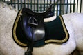Elegant saddle for riders on horseback in the barn