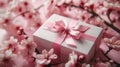 Elegant Sakura Gift Box with Pale Pink Satin Ribbon and Blooming Flowers on Soft Pink Background