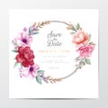 Elegant save the date with watercolor floral wreath. Square wedding invitation cards template vector