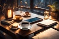 An elegant scene capturing the essence of creativity, a cup of rich coffee next to a high-tech smartphone and carefully curated