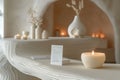 Elegant scented candle display Elegant minimalist style on white shelves with textured vases and artistic illumination AI