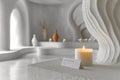 Elegant scented candle display Elegant minimalist style on white shelves with textured vases and artistic illumination AI Royalty Free Stock Photo