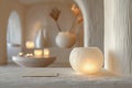 Elegant scented candle display Elegant minimalist style on white shelves with textured vases and artistic illumination AI