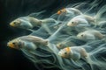 Elegant School of White and Orange Koi Fish Swimming Gracefully in Dark Water with Ethereal Silk Like Fins Royalty Free Stock Photo