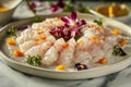 Elegant Seafood Ceviche Dish with Diced Mango and Edible Flowers on a Circular Plate with a Fine Dining Restaurant Background