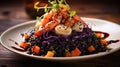 Elegant seafood cuisine - black rice with beautifully cooked shrimp.