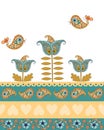 Elegant seamless border with paisley ornament, flowers and birds