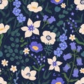 Elegant seamless floral pattern with bluebells and anemones. Endless design with gorgeous wild flowers for printing and