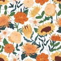 Elegant seamless floral pattern with fall flowers. Endless design with marigolds, sunflowers, peony roses and